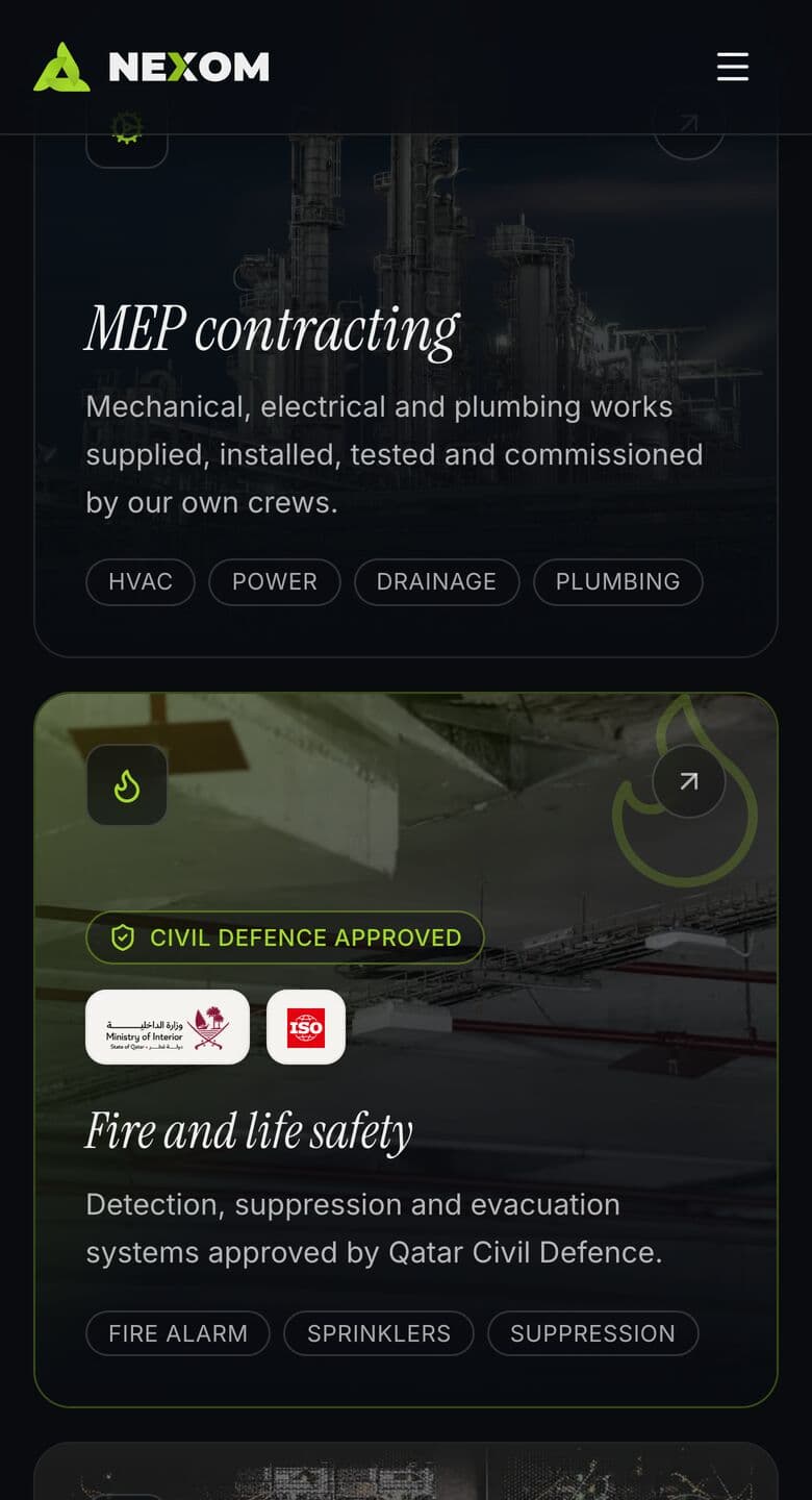 Service cards on a contracting site we built, on mobile