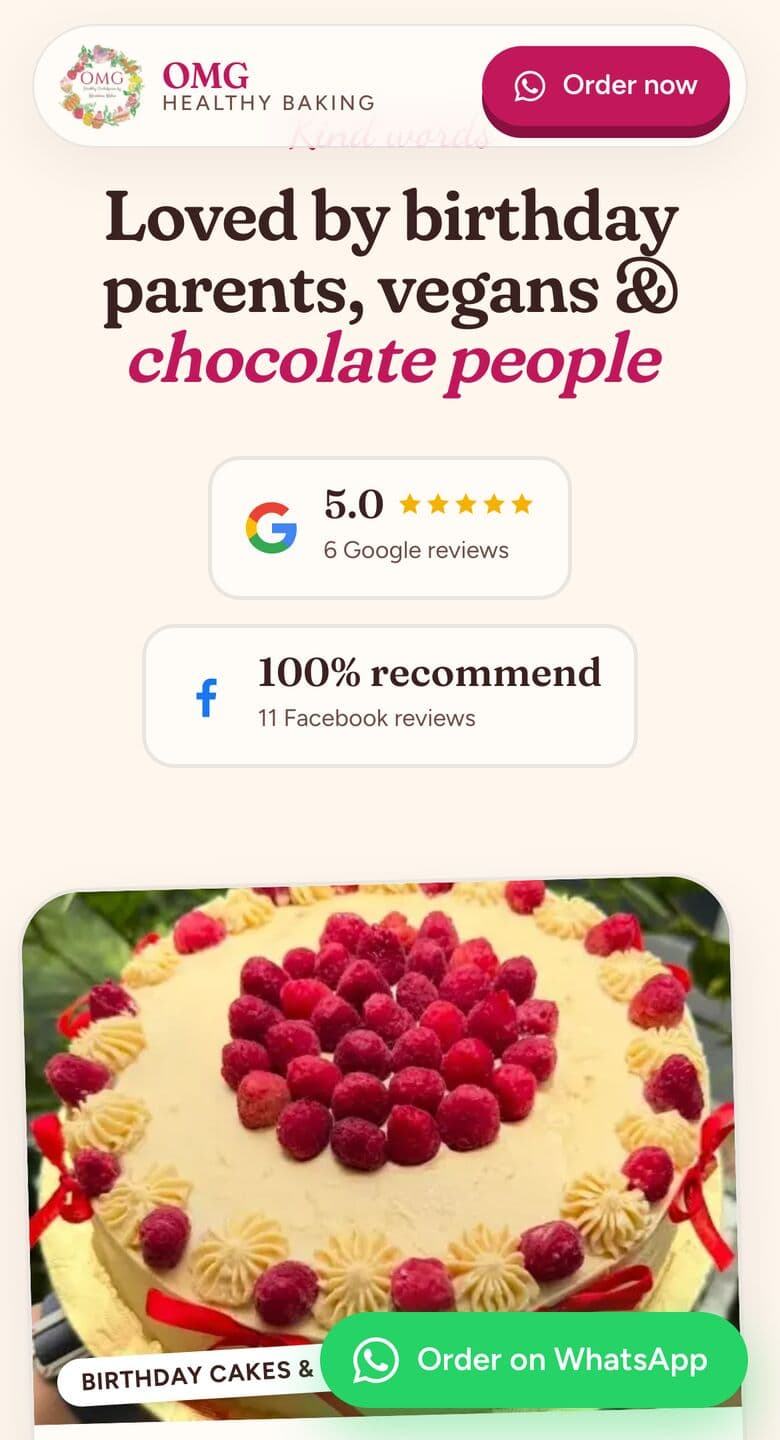 Customer reviews on a bakery site we built, on mobile
