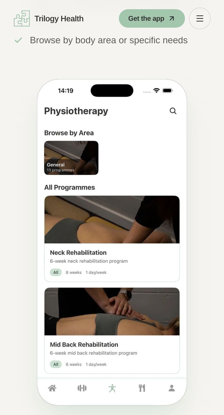 Trilogy Health physiotherapy screen on the landing page